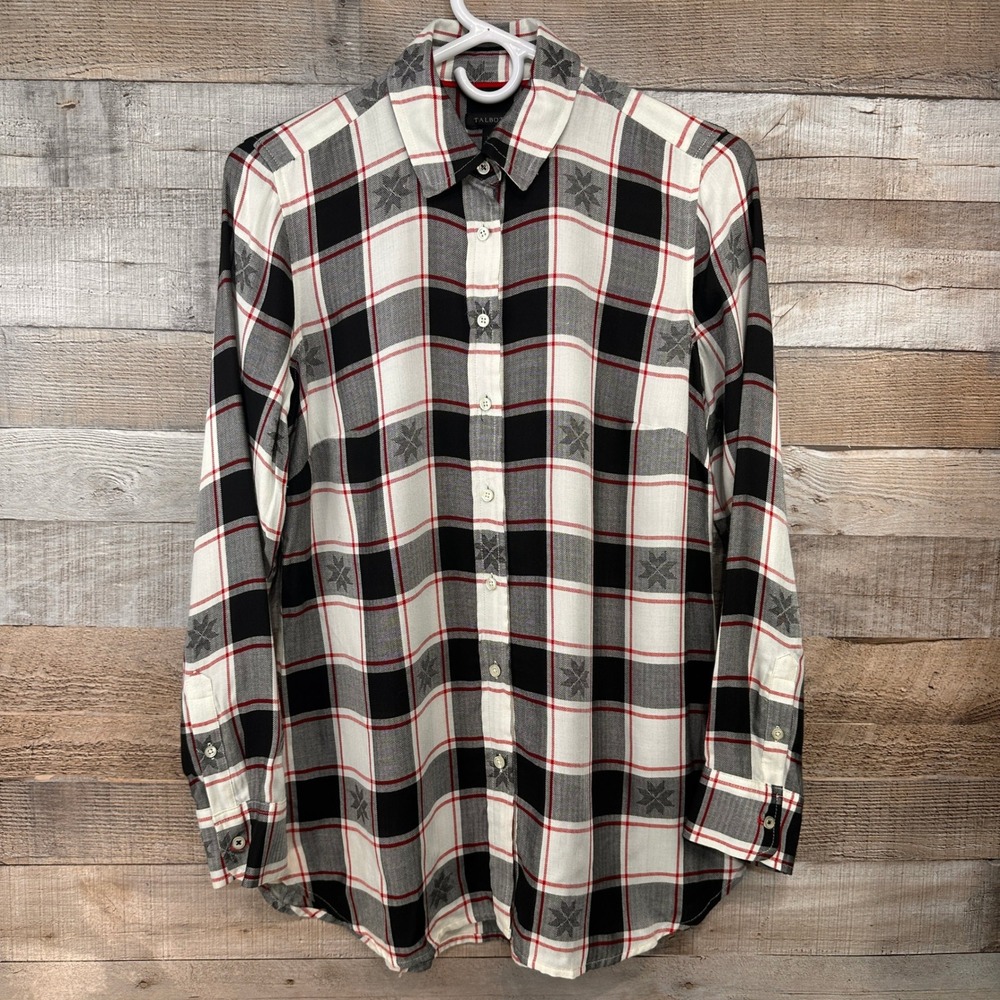 Talbots Plaid Snowflake Button Down Shirt Black Ivory Red Rayon Womens XS